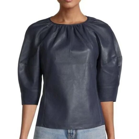 Rebecca Taylor Top Vegan Leather Blouse Navy Blue Women Sz 14 NEW NWT - Picture 1 of 6